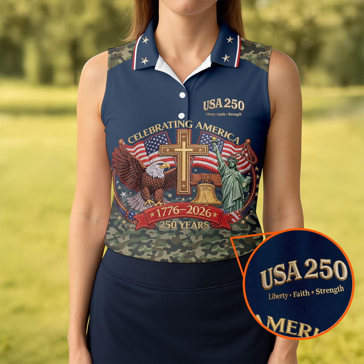 Liberty Faith Strength Faith Cross USA 250 Navy Camo Golf Shirt, 4th Of July Golf Shirt For Women