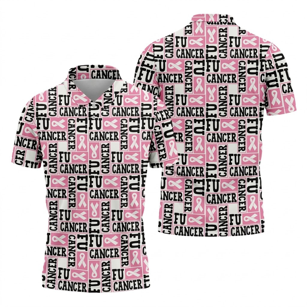 Fu Cancer Funny Men Golf Shirt, Breast Cancer Awareness Shirt, Pink Golf Shirt, Golf Shirts For Men