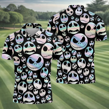 Black Horror Character Skull Face Pattern Golf Polo Shirt, Mens Golf Polo, Printed Golf Shirts