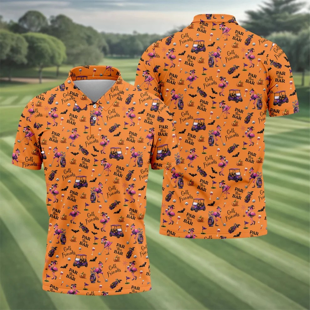 Orange Par Then Bar Flamingo Halloween Shirt, Golf Polo Shirts For Men, Printed Golf Shirts