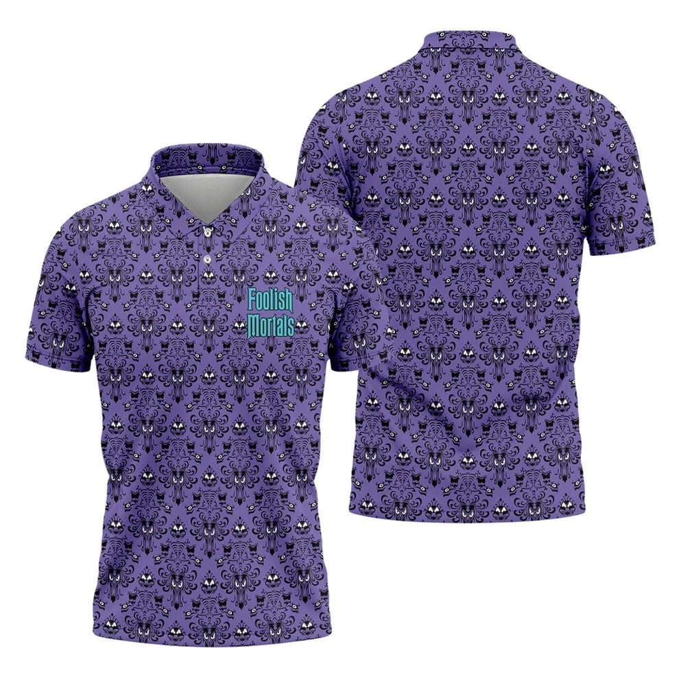 Foolish Mortals Haunted Pattern Golf Polo Shirt, Halloween Shirt For Men, Mens Golf Polo