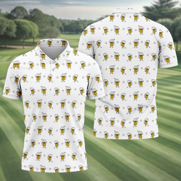 Cartoon Beer Mug Golfer Pattern Golf Polo Shirt, Polo Shirts For Men, Printed Golf Shirts