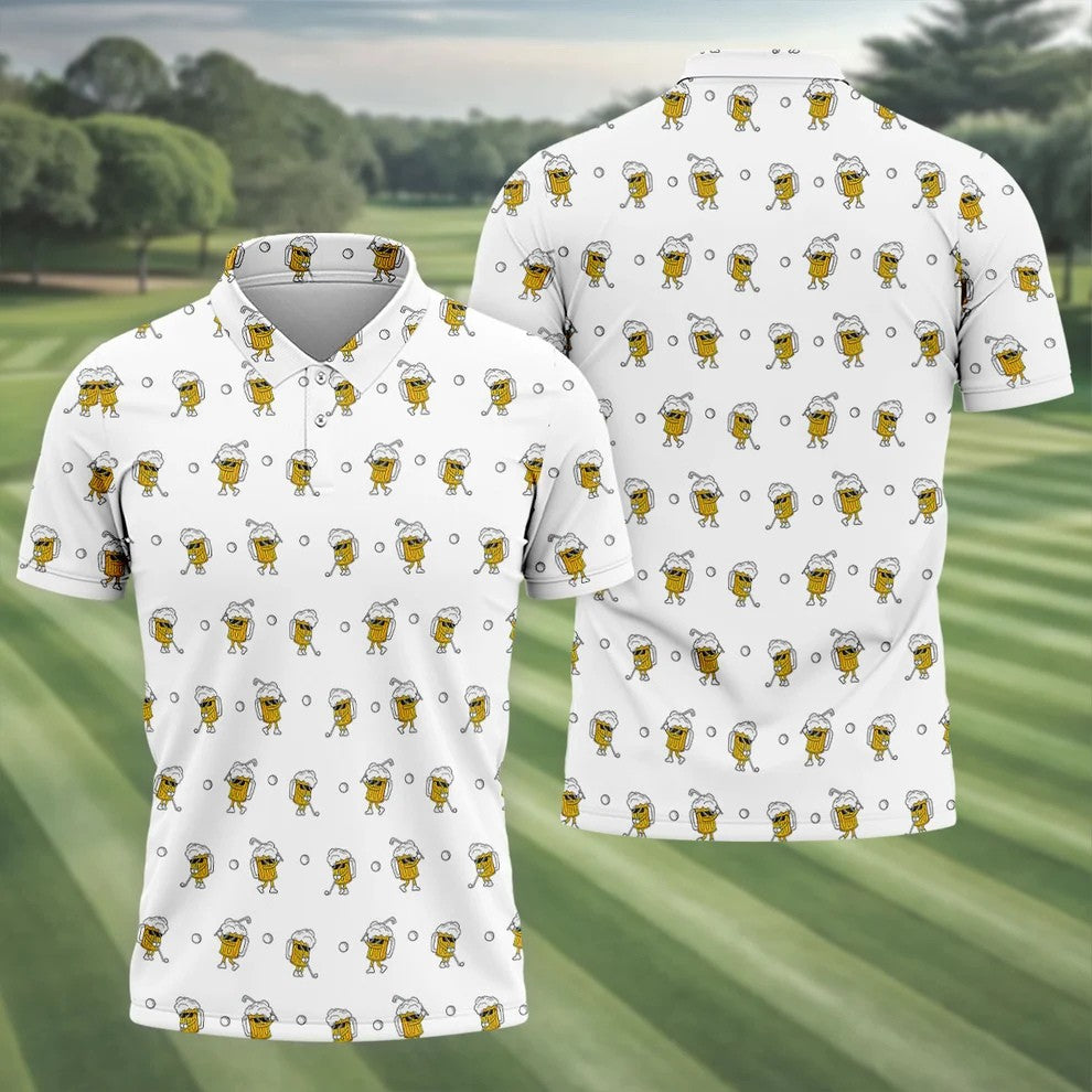 Cartoon Beer Mug Golfer Pattern Golf Polo Shirt, Polo Shirts For Men, Printed Golf Shirts