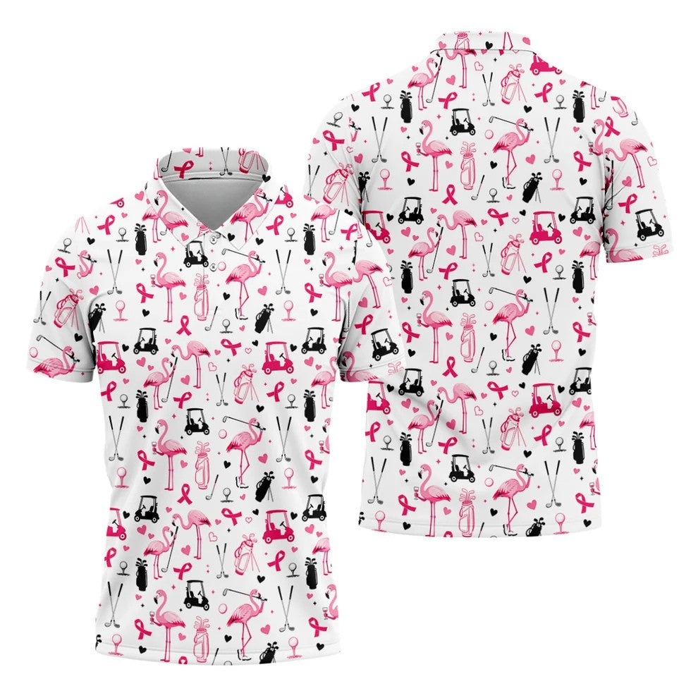 Pink Flamingo Golf Pattern Breast Cancer Polo Shirt, Hawaiian Shirts For Men, Mens Golf Polo