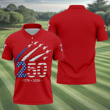 Flying Fighter Jets Faith Cross Patriotic 4th Of July Red Golf Shirt, 250 Years Golf Shirts For Men