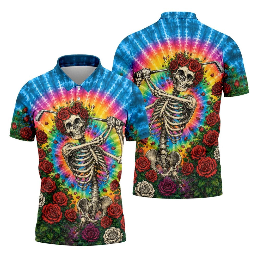 Rose Tie Dye Skeleton Golfer Halloween Polo Shirt, Mens Golf Shirts, Printed Golf Shirts