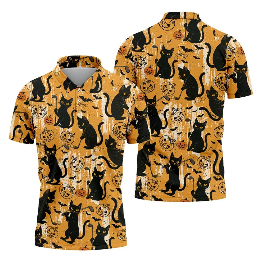 Funny Black Cat Men's Golf Polo ShirtHalloween Golf Shirt, Halloween Polo ShirtGolf Gift For Him