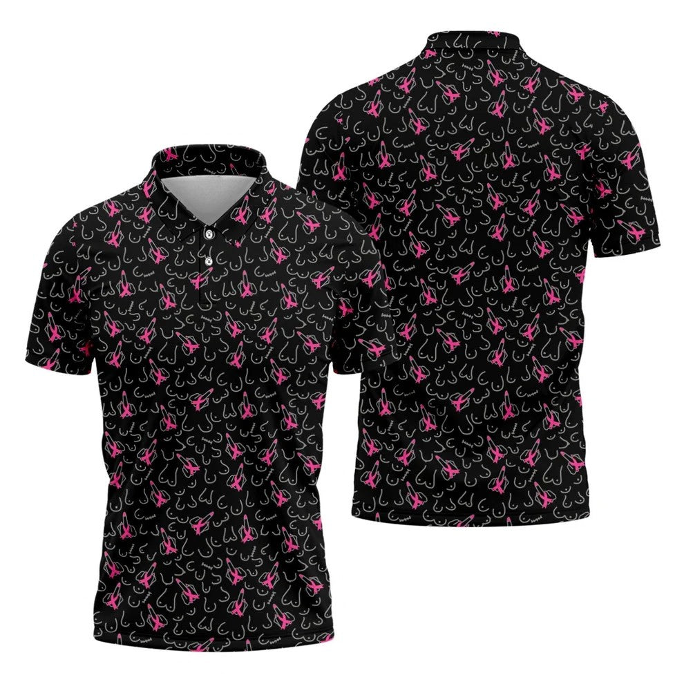 Breast Cancer Ribbon Middle Finger Polo Shirt, Mens Polo Shirts, Men's Golf Shirt