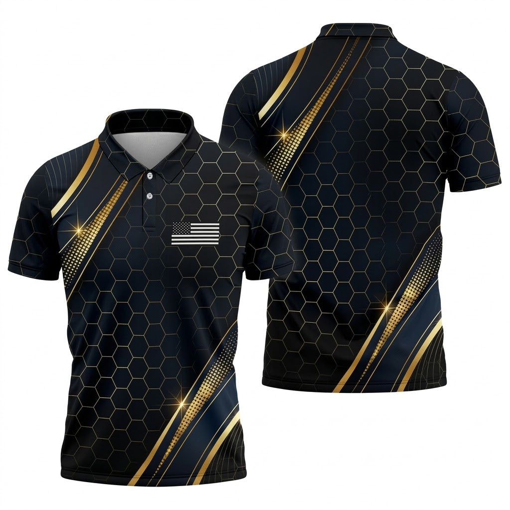 Gold Hexagonal US Flag Logo Retro Golf Shirt, 250 Years Patriotic 4th Of July Golf Shirts For Men