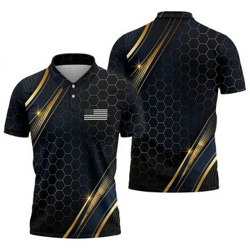 Gold Hexagonal US Flag Logo Retro Golf Shirt, 250 Years Patriotic 4th Of July Golf Shirts For Men