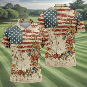 Floral American Flag Vintage Golf Shirt, 250 Years Patriotic 4th Of July Golf Shirts For Men