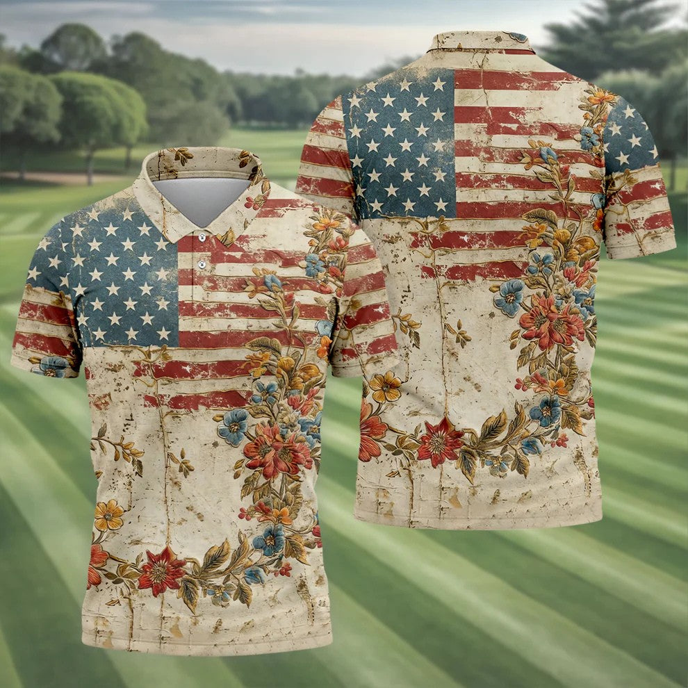 Floral American Flag Vintage Golf Shirt, 250 Years Patriotic 4th Of July Golf Shirts For Men