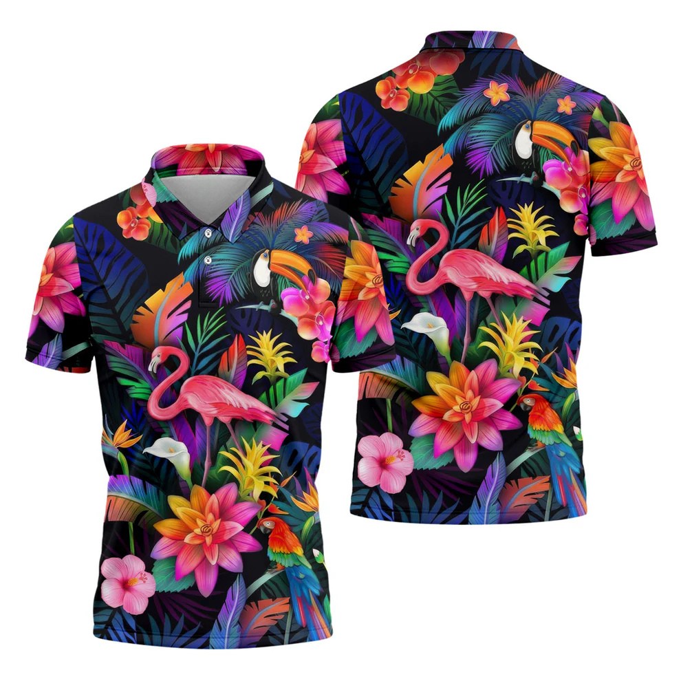 Colorful Tropical Birds And Flamingo Golf Shirt, Mens Golf Polo, Printed Golf Shirts