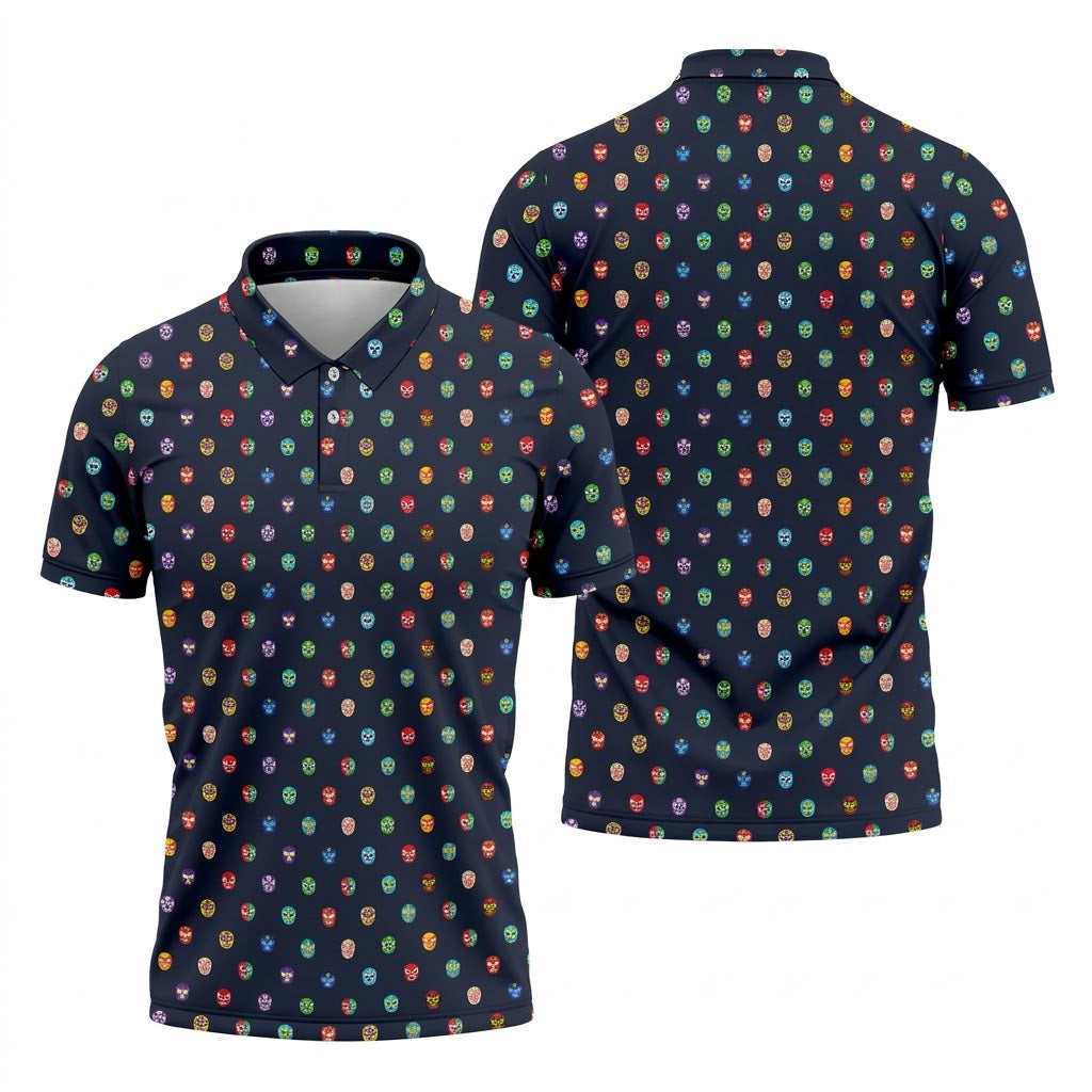 Lucha Libre Mask Seamless Pattern Cinco De Mayo Celebration Fiesta Themed Golf Shirts For Men
