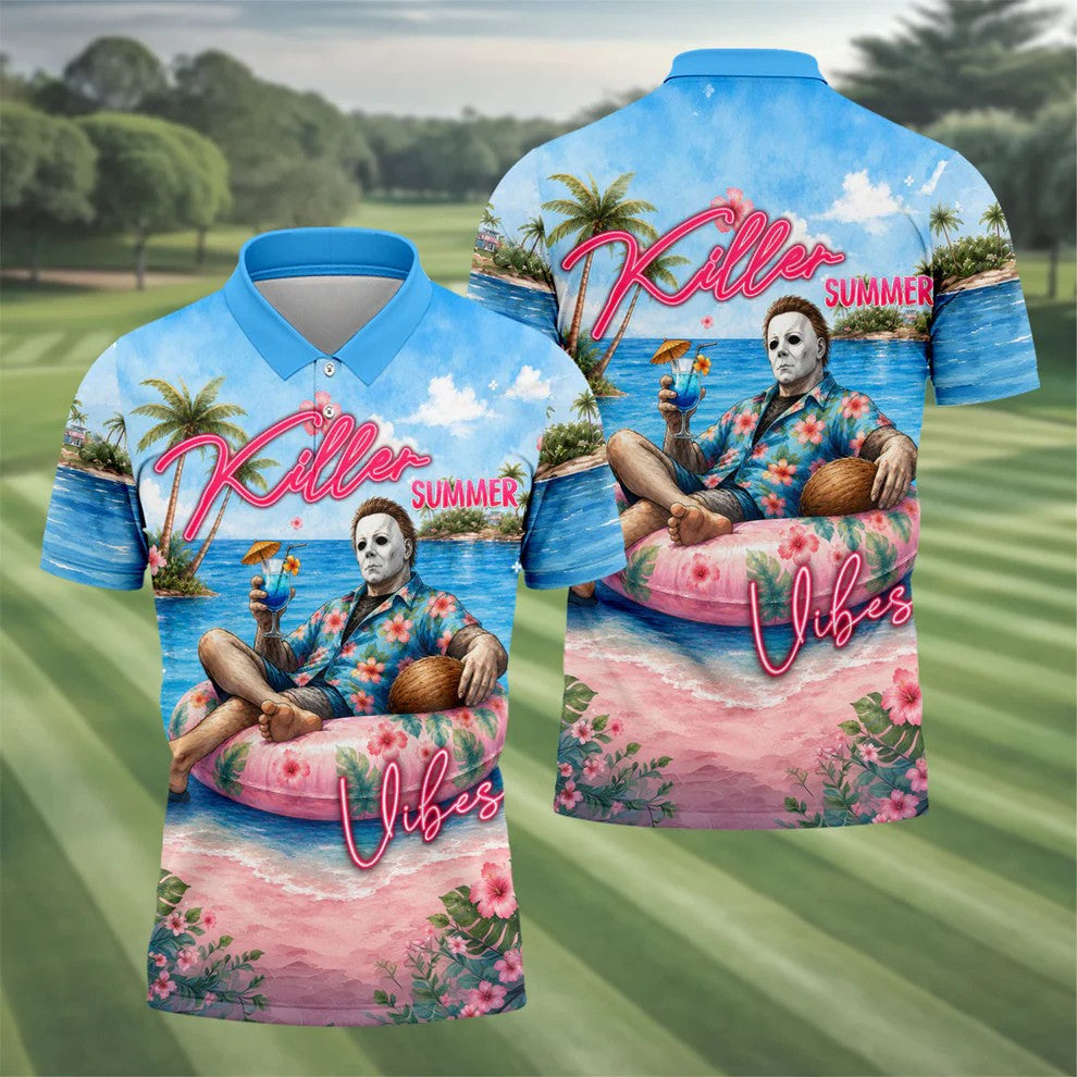 Killer Summer Vibes Tropical Slasher Golf Polo Shirt, Horror Character Men's Golf Shirt, Mens Golf Polo