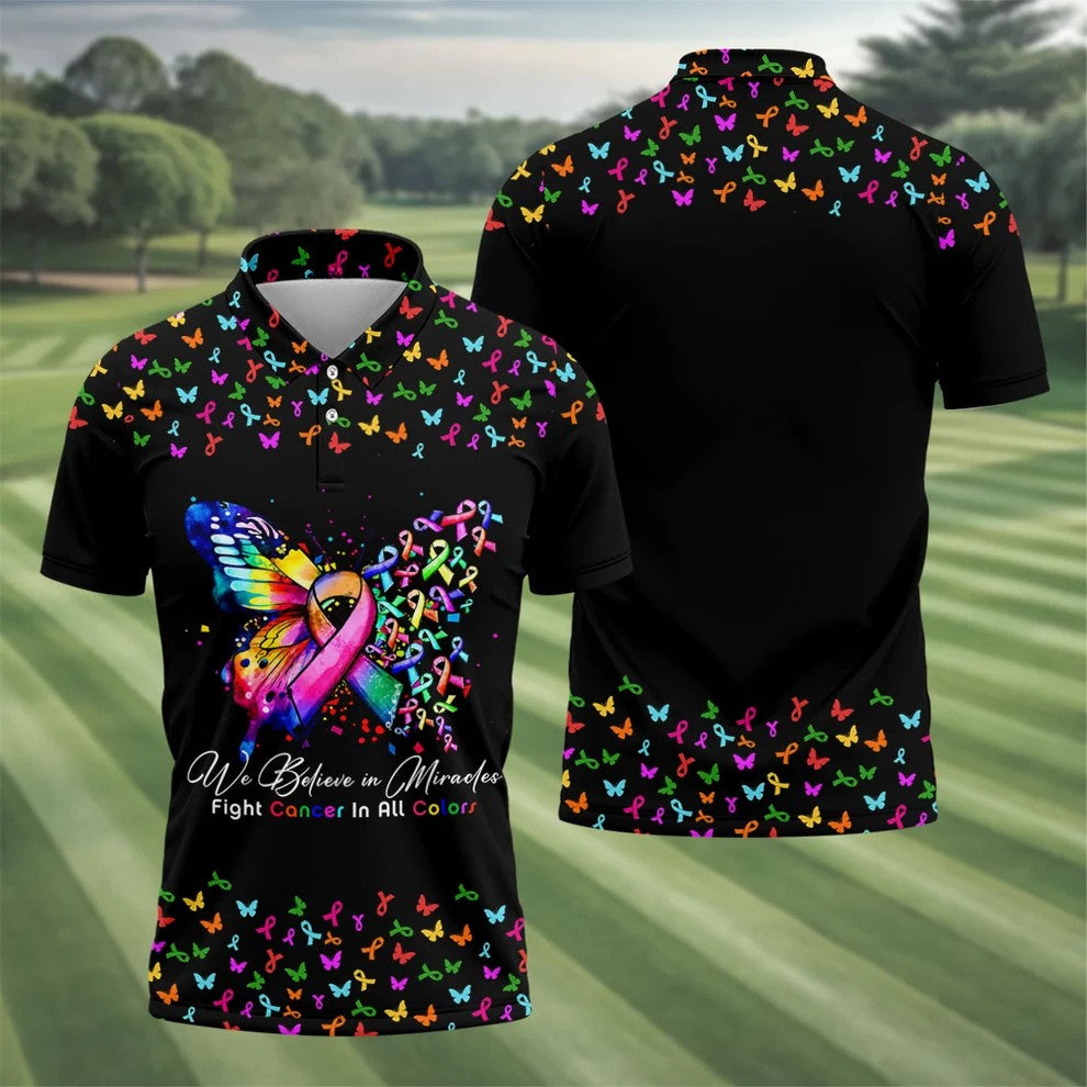 We Believe In Miracles Butterfly Breast Cancer Shirt, Mens Golf Polo, Printed Golf Shirts