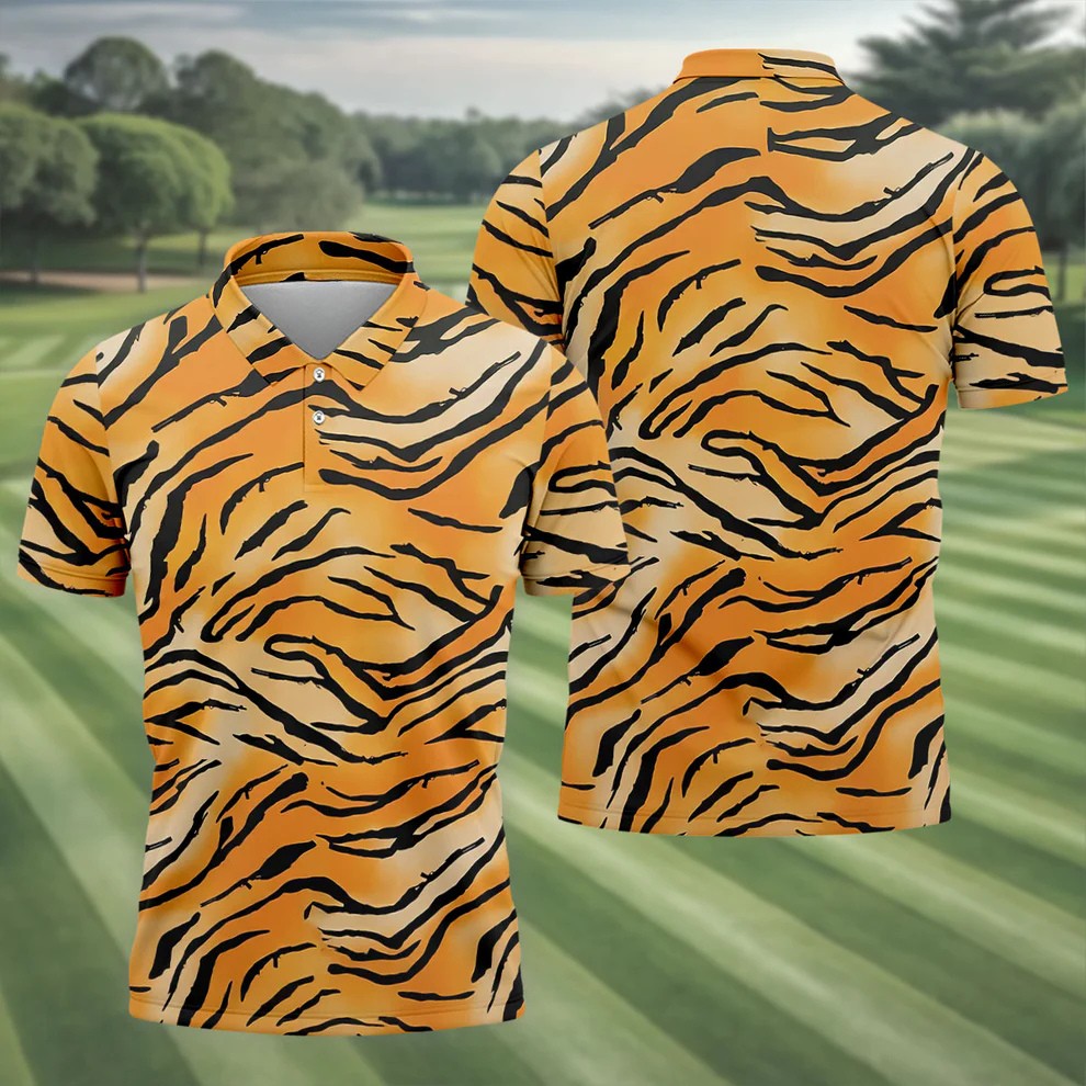 Tiger Stripe Pattern Hawaiian Golf Shirt, Men's Funny Golf Shirts, Golf Shirts For Men