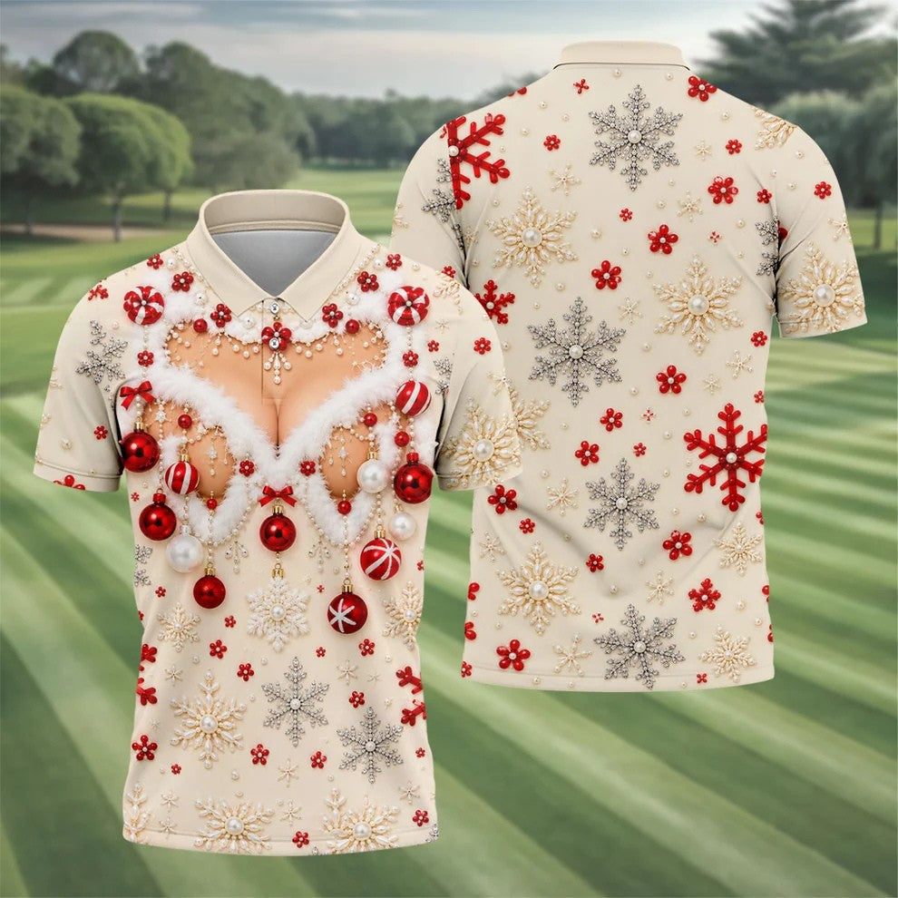 White Ornament Lace Bra Christmas Golf Shirt, Golf Polo For Men, Mens Golf Shirts