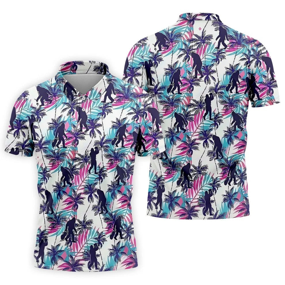 Funny Bigfoot Golfer Tropical Palm Pattern Polo Shirt, Golf Shirts For Men, Printed Golf Shirts