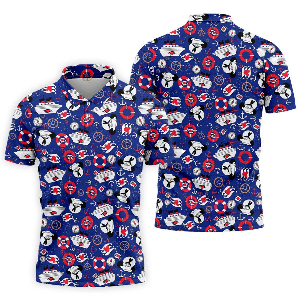 Nautical Cruise Pattern Golf Polo Shirt, Golf Apparel For Men, Long Sleeve Polo Shirts