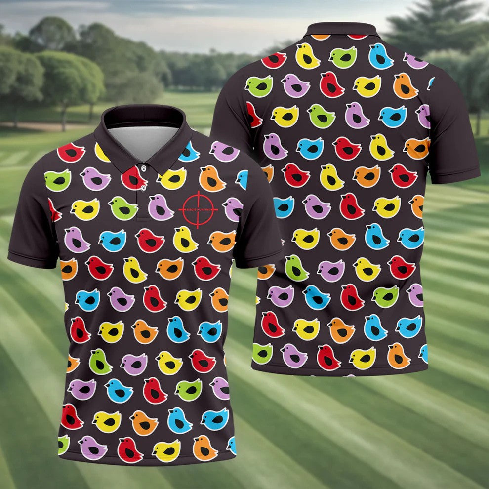 Black Colorful Birdie Hunting Golf Polo Shirt, Men's Golf Shirt, Golf Polo Shirts For Men