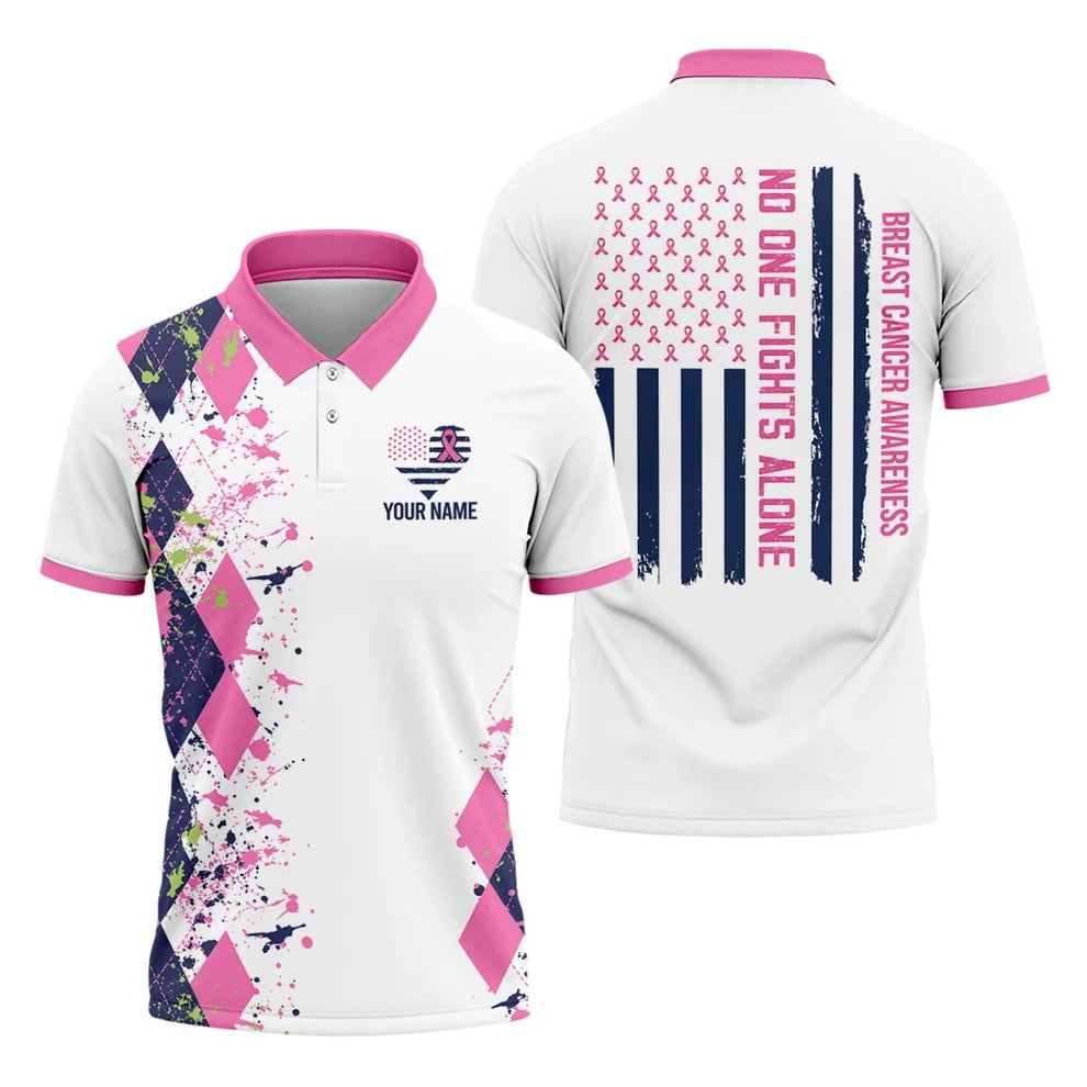 Custom No One Fights Alone Breast Cancer Shirt, Golf Polo Shirts For Men, Mens Golf Shirts