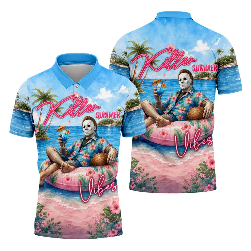 Killer Summer Vibes Tropical Slasher Golf Polo Shirt, Horror Character Men's Golf Shirt, Mens Golf Polo