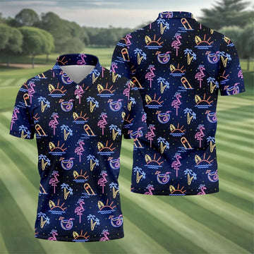 Neon Tropical Flamingo Sunset Cocktail Night Golf Polo, Hawaiian Golf Shirt, Polo Shirts For Men