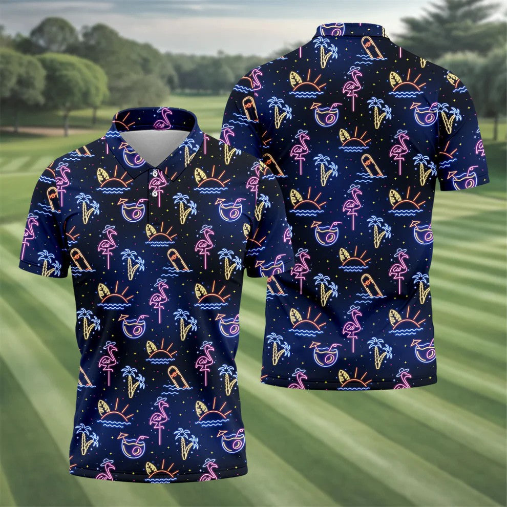 Neon Tropical Flamingo Sunset Cocktail Night Golf Polo, Hawaiian Golf Shirt, Polo Shirts For Men