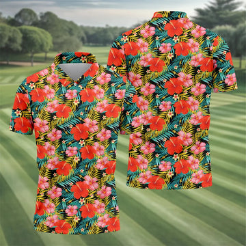Red Hibicus Gold Palm Leaf Hawaiian Golf Shirt, Summer Theme Golf Shirts For Men