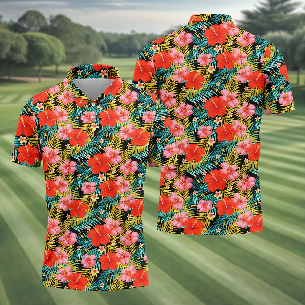Red Hibicus Gold Palm Leaf Hawaiian Golf Shirt, Summer Theme Golf Shirts For Men