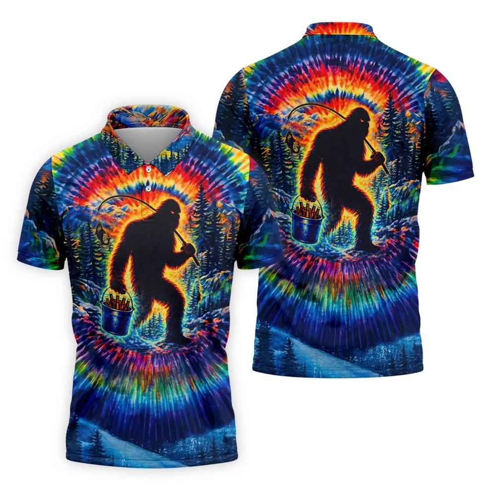 Tie Dye Bigfoot Fishing Forest Golf Shirt, Mens Golf Apparel, Printed Golf Shirts