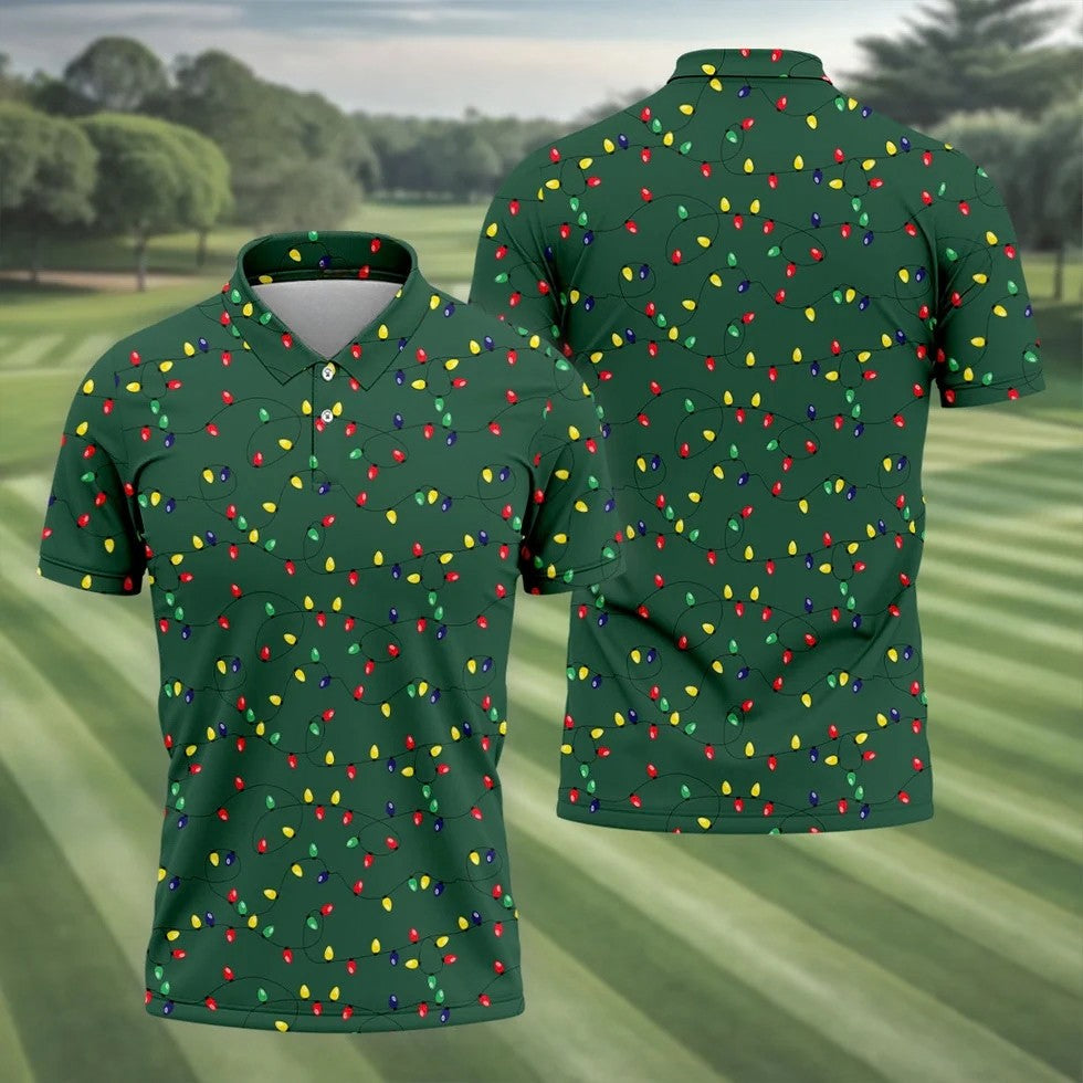 Christmas Colorful Lights Green Golf Shirt, Christmas Golf Shirt, Polo Shirts For Men, Golf Gift For Men