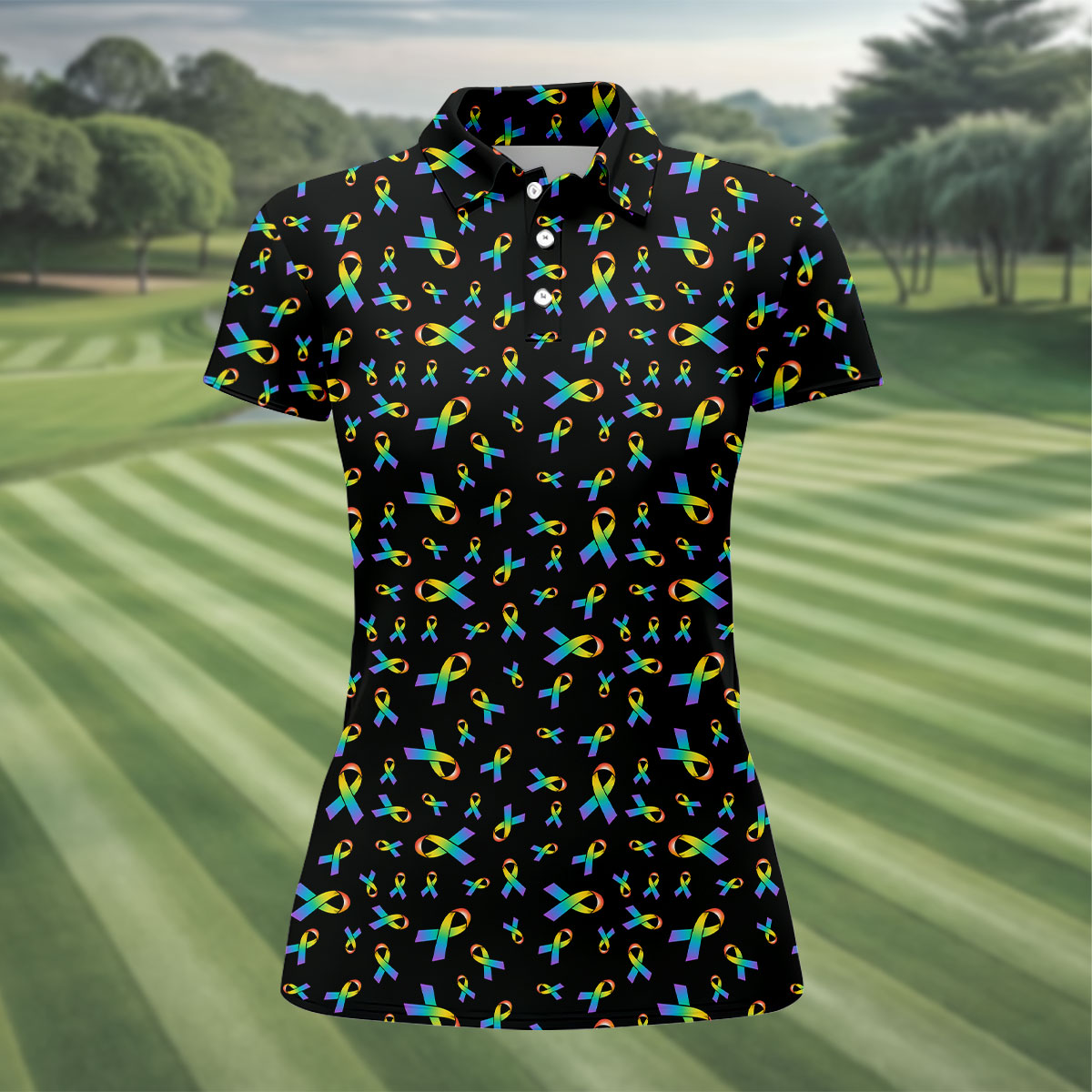 Rainbow Awareness Ribbon Breast Cancer Polo Shirt, Womens Golf Tops, Printed Golf Shirt