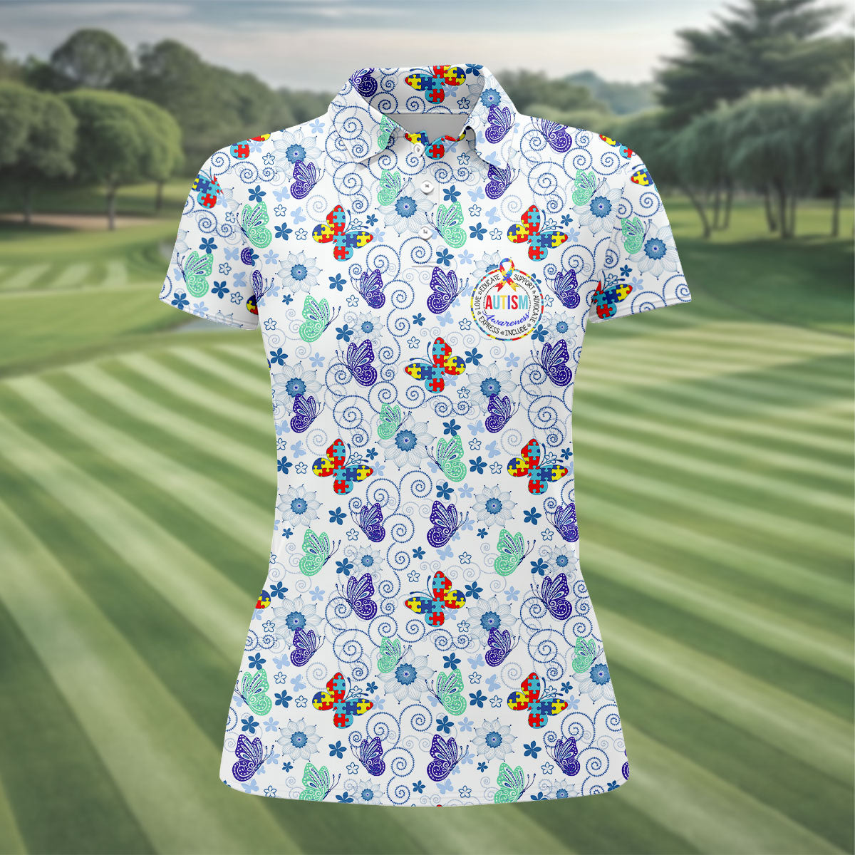 Autism Awareness Colors Puzzles Butterfly Floral Golf Shirt, Women's Golf Tops, Ladies Golf Shirts