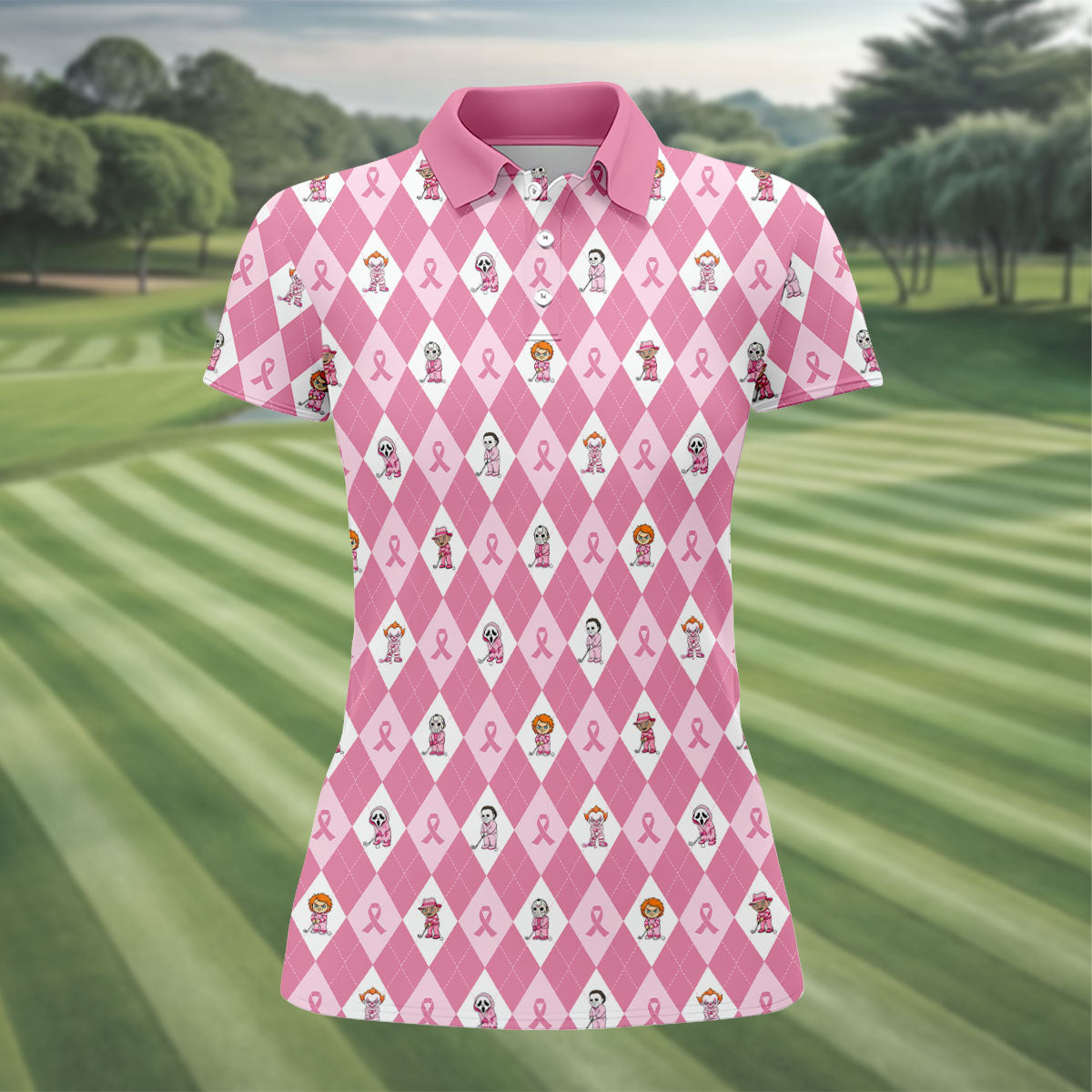 Pink Argyle Horror Character Breast Cancer Polo Shirt, Women's Golf Polo, Golf Tops For Women