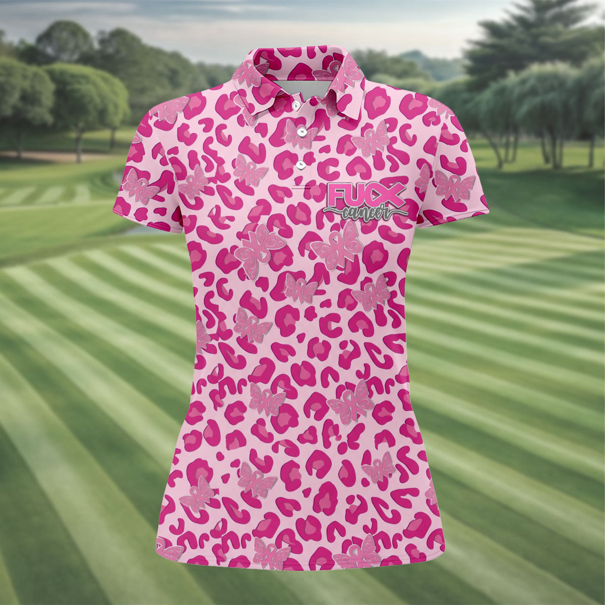F*ck Cancer Leopard Butterfly Breast Cancer Polo Shirt, Women’s Golf Polo, Ladies Golf Top