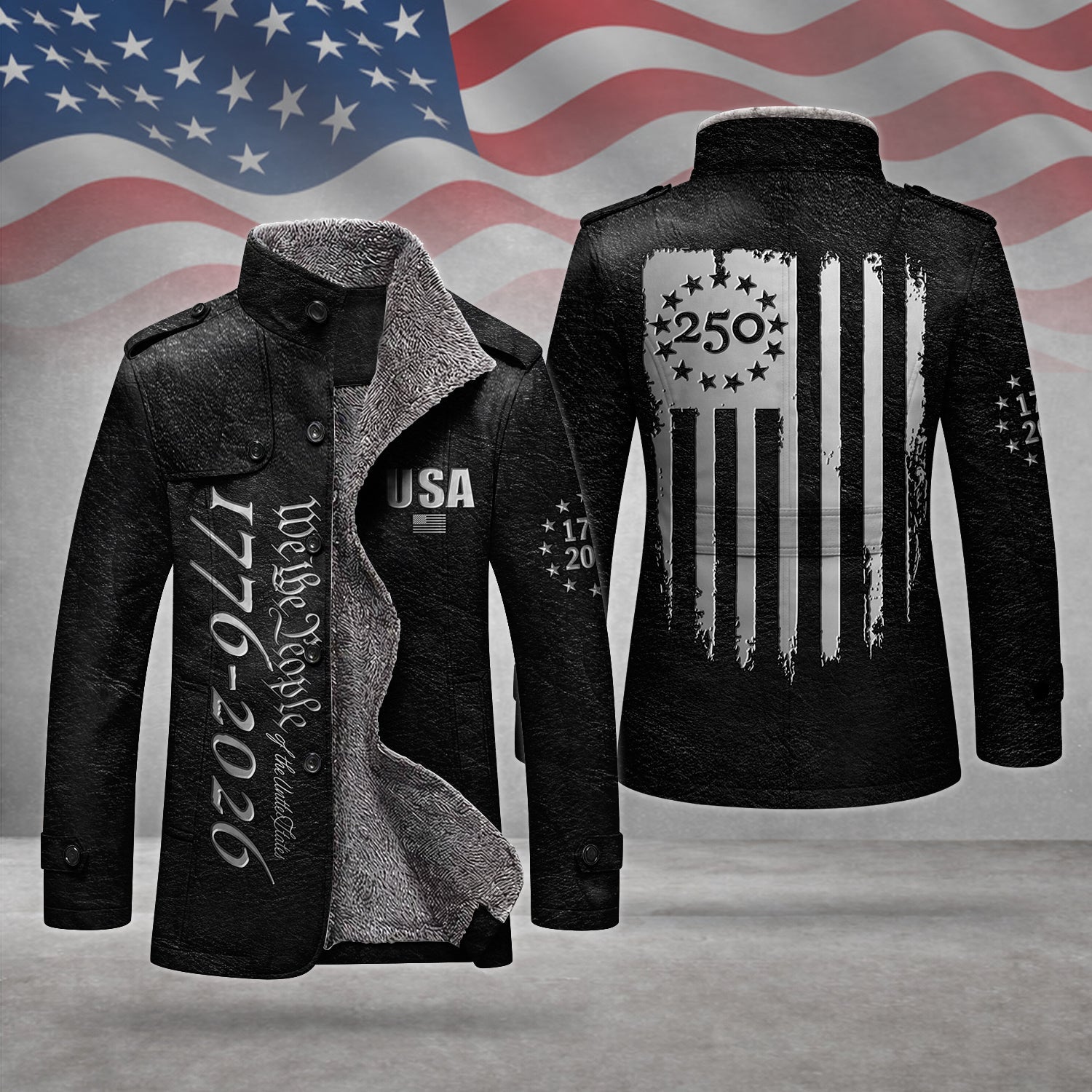 We The People 250 Years Silver Flag Men's Cold Premium Weather Jacket, Leather Trench Coat