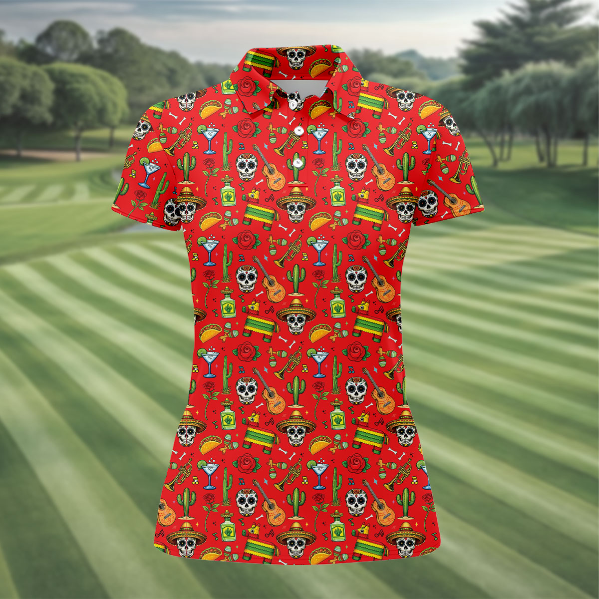 Decorated Skulls Party Items Cinco De Mayo Celebration Fiesta Themed Red Golf Shirt For Women