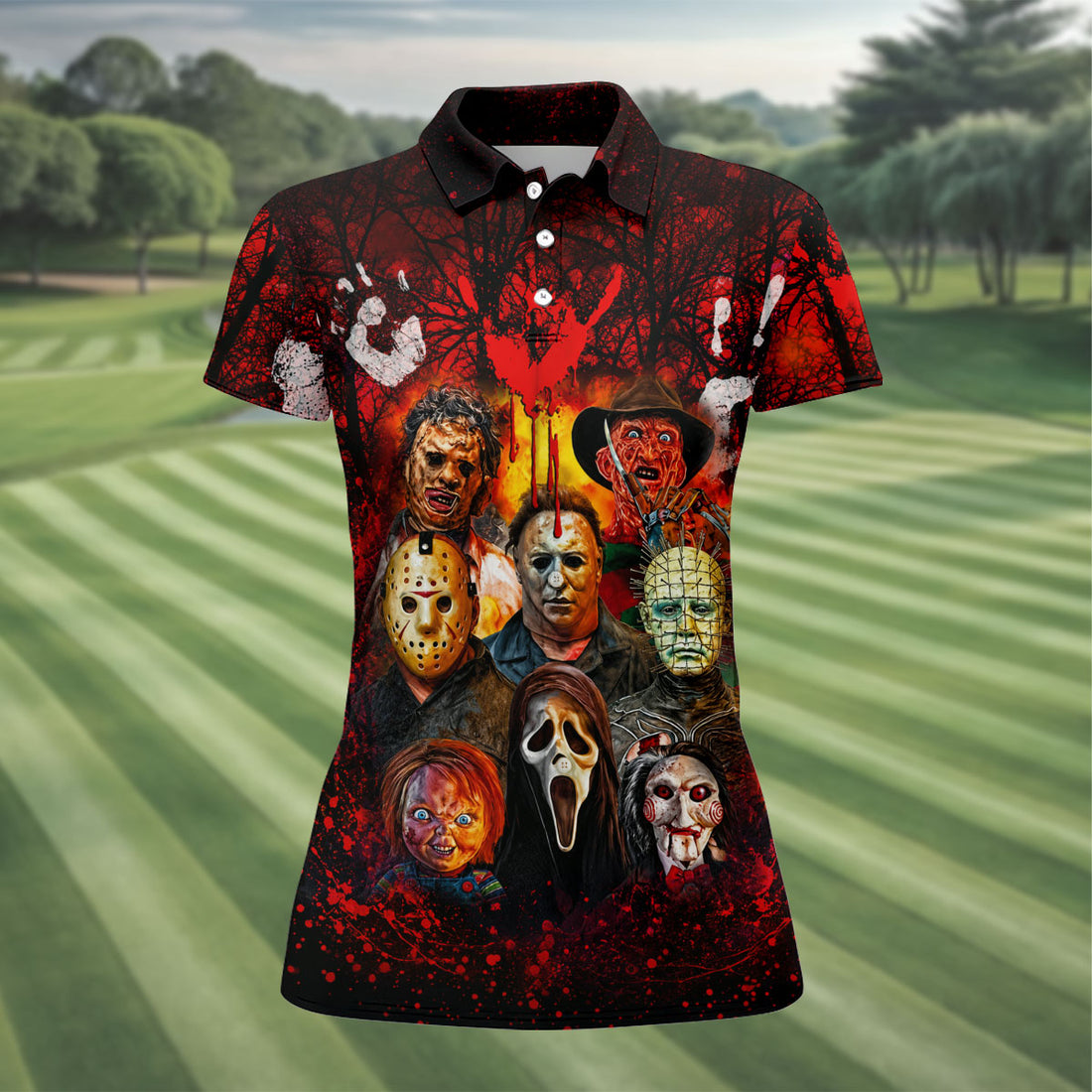Halloween Horror Character Hawaiian Golf Shirt, Women's Golf Tops, Golf Shirts For Women