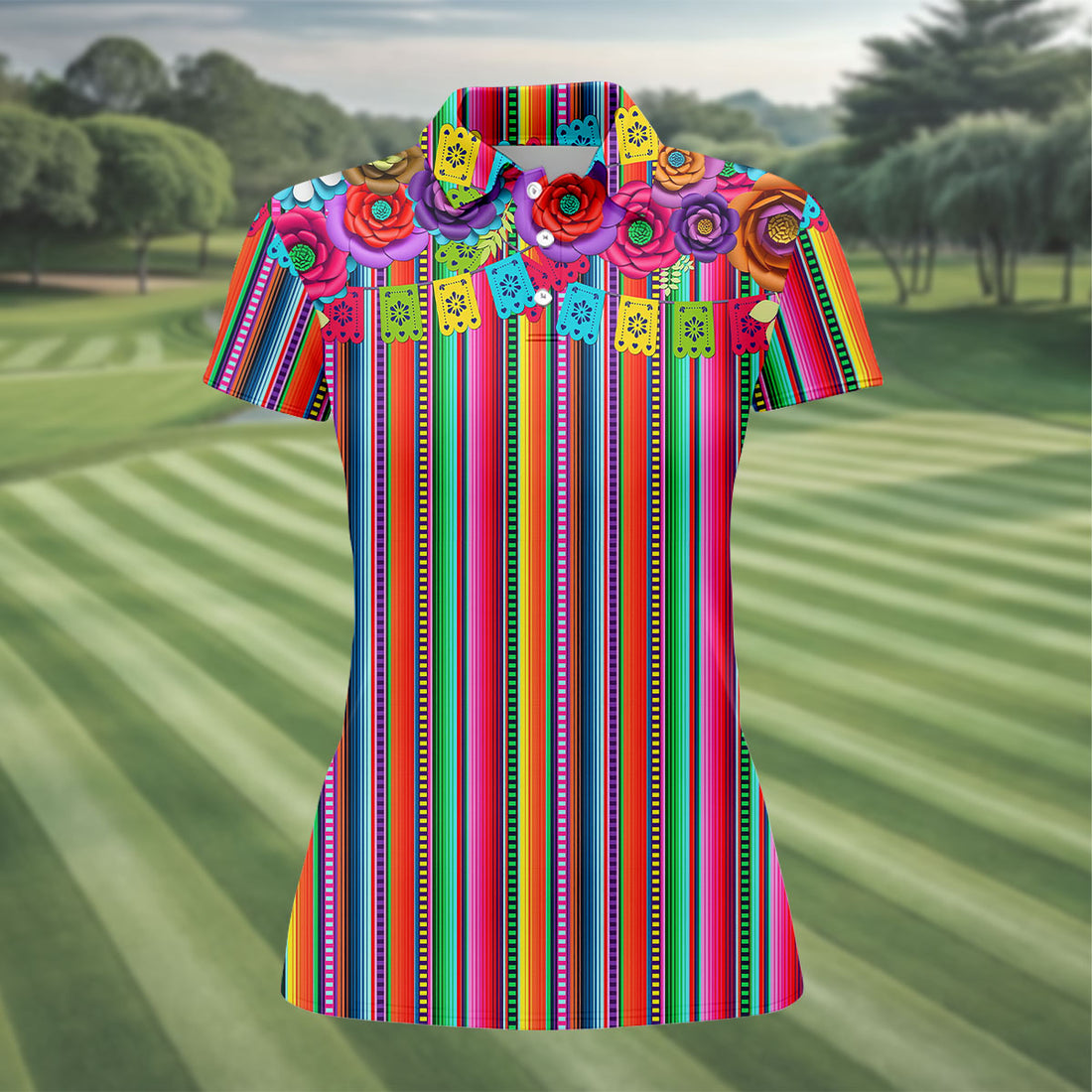 Mexican Serape Pattern Ladies Golf Tops, Cinco De Mayo Celebration Golf Shirt For Women