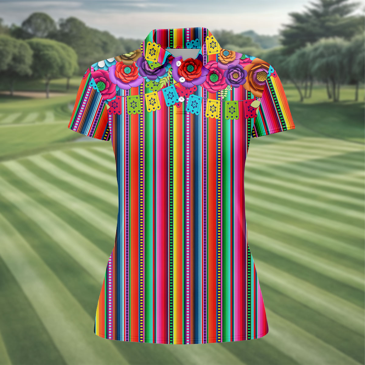 Mexican Serape Pattern Ladies Golf Tops, Cinco De Mayo Celebration Golf Shirt For Women