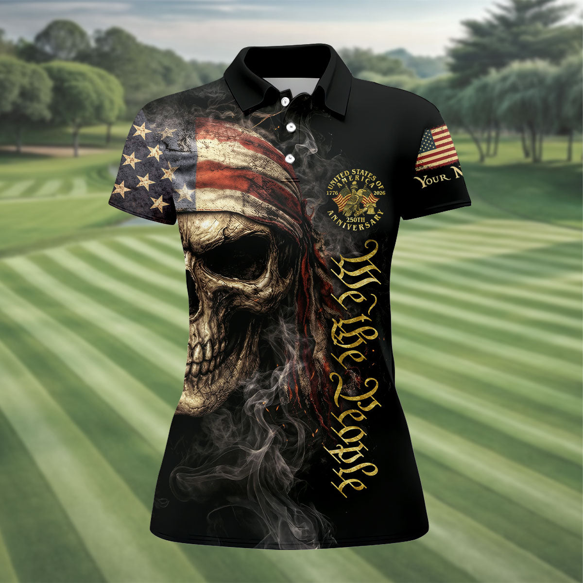 USA 250th Anniversary We The People Patriotic Skull Golf Shirt, 4th Of July Golf Shirt For Women