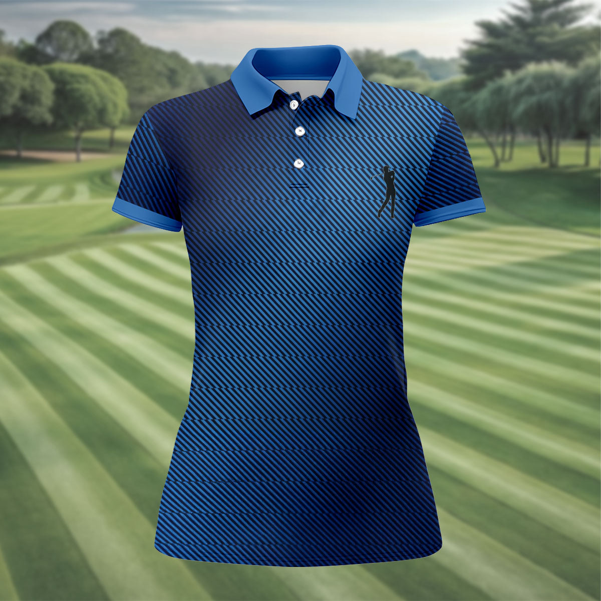 Retro Abstract Gradient Stripe Blue Lines Golf Shirt, Patriotic 4th Of July Golf Shirt For Women