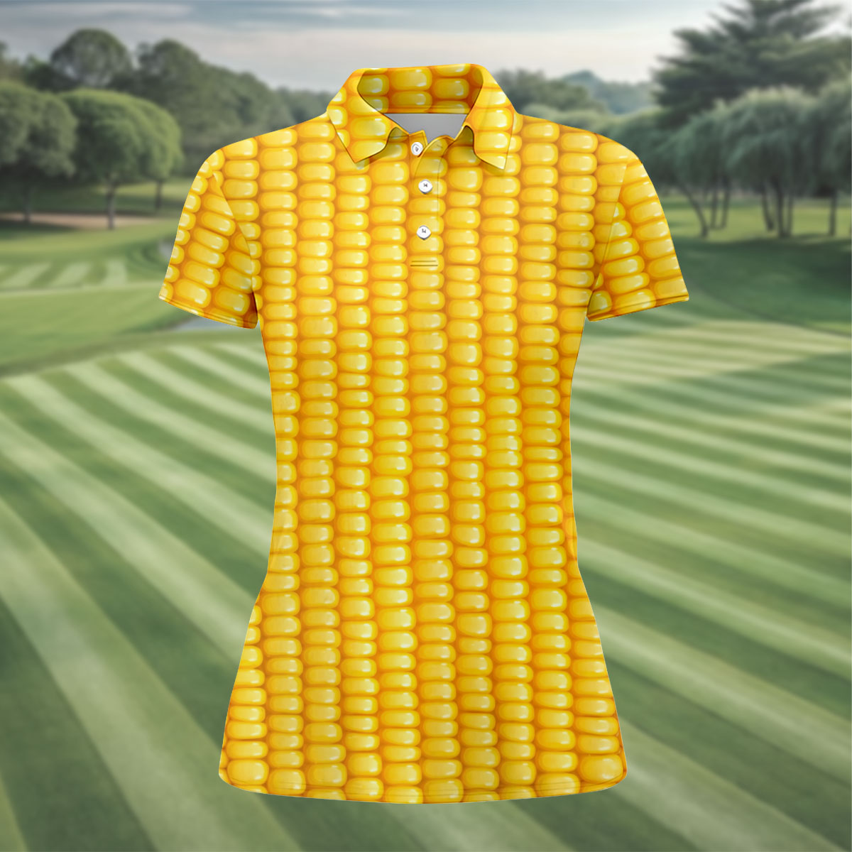 Realistic Sweet Corn Cob Print Design Golf Shirt, Women's Golf Shirt, Hawaiian Golf Shirt, Golf Polo For Women