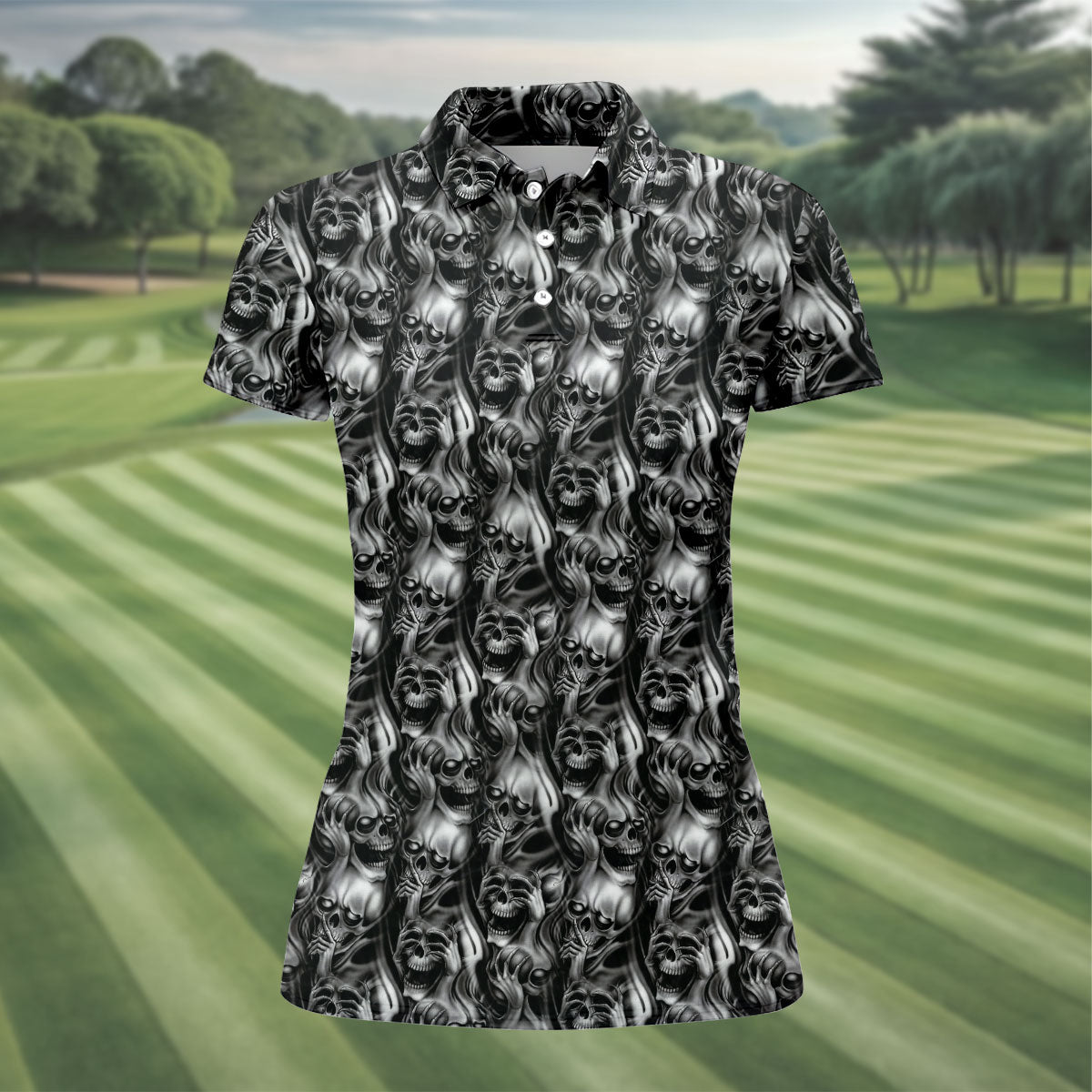 Dark Grim Reaper Skull Pattern Golf Polo Shirt, Women's Golf Polo, Ladies Golf Tops