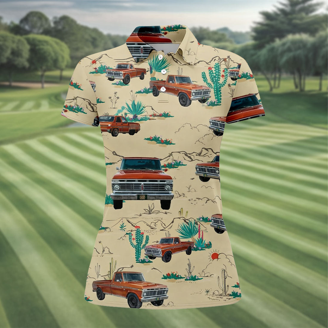 Personalized Pickup Truck Golf Shirt, Southwestern Desert Cactus Pattern, Golf Shirt For Women