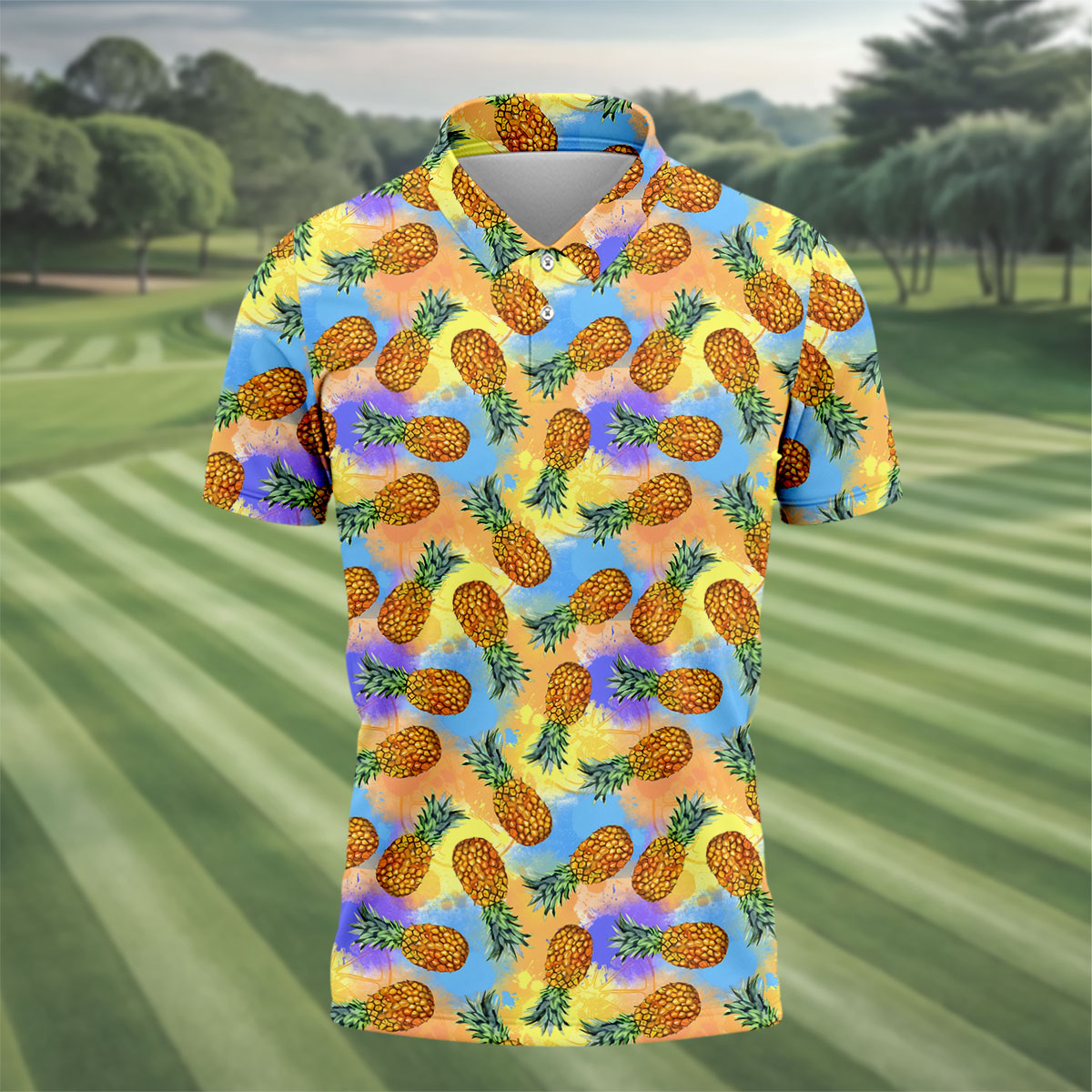 Colorful Pineapple Tropical Pattern Golf Shirt, Mens Polo Shirt, Hawaiian Golf Shirt, Performance Golf Shirt