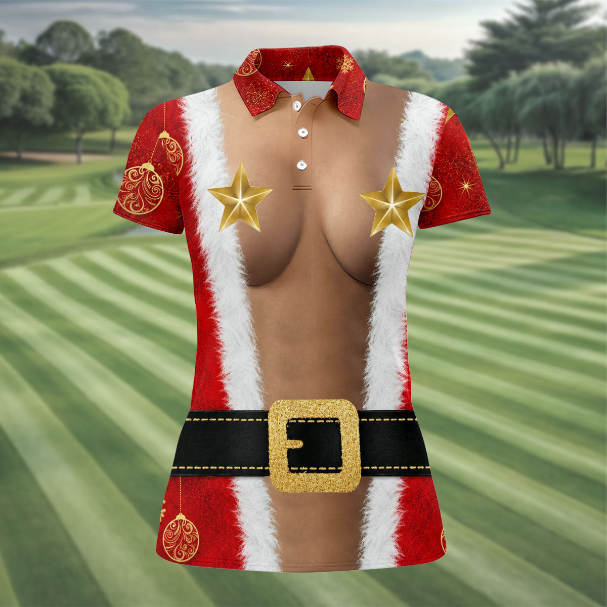 Christmas Santa Suit Gold Stars Polo Shirt, Women’s Golf Polo, Golf Tops For Women
