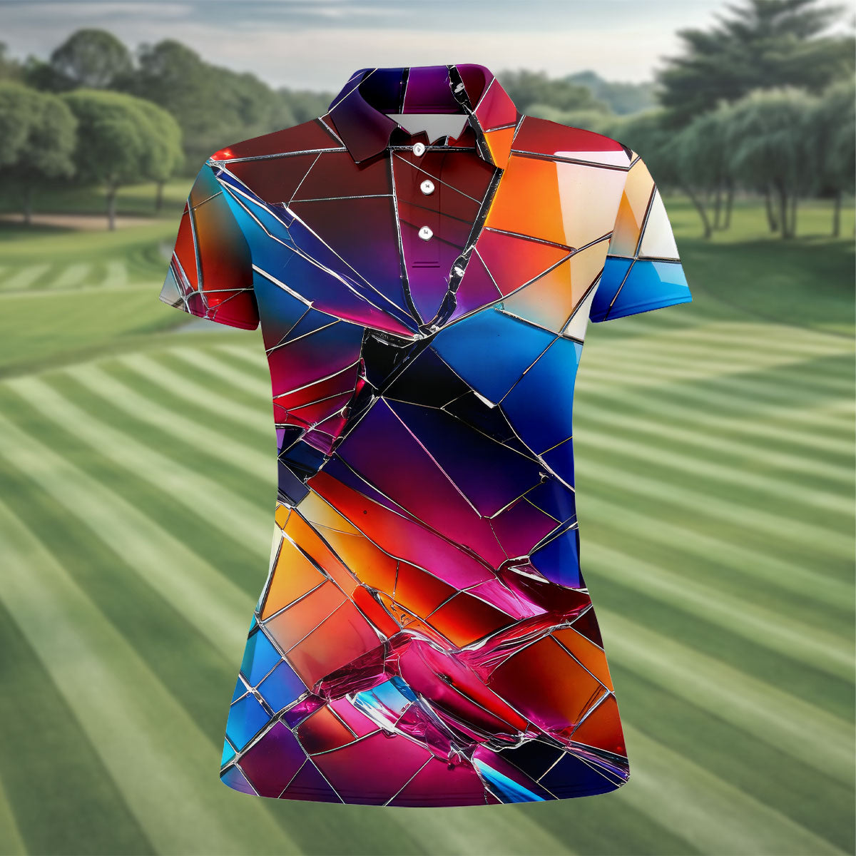 Colorful Broken Glass Abstract Golf Polo Shirt, Golf Tops For Women, Performance Golf Shirt